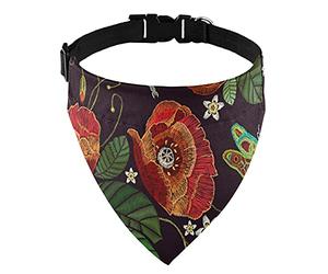 Vintage Embroidery Red Poppies Peonies Green Dragonflies on Dark Dog Adjustable Martingale Collar, Saliva Bibs Pet Regular Collars for Cat Pets, Buckle Bandanas Triangle Kerchief Bibs Scarf