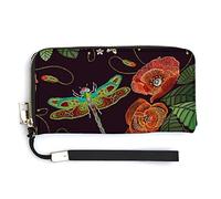 Vintage Embroidery Red Poppies Peonies Green Dragonflies on Dark Long Clutch Wallet, Long Handbag with Removable Wristlet Strap, PU Leather Zip Purse, Credit Pass Case Card-Holder for Men Women