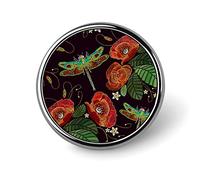 Vintage Embroidery Red Poppies Peonies Green Dragonflies on Dark Round Badge Smooth Surface Lapel Tie Pin, Lightweight Badge for Women Men Office Worker Nurse Teacher Student Shirts Backpack
