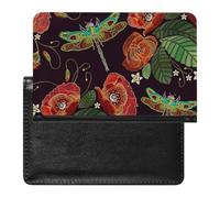 Vintage Embroidery Red Poppies Peonies Green Dragonflies on Dark Women's Passport Protector, Men's Passport Protector, PU Travel Passport Protector for Women Men Worker 5.8 x 3.9 x 0.4 inch