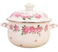 Vintage Enamel Stockpot with Lid, Flower Printed Cooking Pot, Flat Bottom Stew Pot with Handle for Milk, Pasta, Sauce, Soup, Compatible with Induction Cookers & Gas Stove