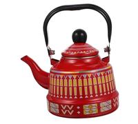 Vintage Enamel Tea Kettle, Red Geometric Pattern Tea Pot, for Tea and Coffee Brewing in Home Kitchen, 1.1L
