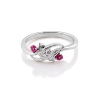 Vintage Engagement Ring, Pinky Promise Ring Wings with Ruby and Moissanite 18K White Gold Size P 1/2