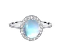 Vintage Engagement Rings for Women, Eternity Ring 9K White Gold Halo Round with Blue Oval Shape Moonstone Trendy Jewelry for Wife Size S 1/2