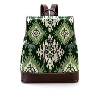 Vintage Ethnic Boho Ikat Pattern in Sage Green Tones PU Leather Backpack Purse for Women, Fashion Ladies Travel Shoulder Bag Rucksack