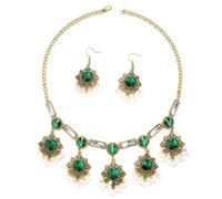 Vintage Ethnic Crystal Filigree Flower Dangle Drop Hook Statement Earring Simulated Pearl Beads Tassel Chain Adjustable Choker Necklace for Women Boho Indian Oxidized Traditional Bollywood Jewelry Set