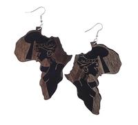 Vintage Ethnic Natural Wood African Map Lady Figure Tribal Club Earrings