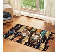 Vintage Ethnic Tribal Feather Dog Food Mat, Absorbent Pet Feeding Mat For Food And Water Bowls Non-Slip Placement Pad For Floors Waterproof Quick Dry Water Dispenser Mat For Dogs Puppy Cats 12x18 Inch