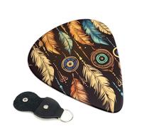 Vintage Ethnic Tribal Feather Guitar Picks 6 Pack with Leather Guitar Pick Holder Keychain, Plectrum Key Fob Cases Bag, Abstract Art Plectrum for Acoustic Electric Guitar, Ukulele 0.71mm