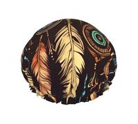 Vintage Ethnic Tribal Feather Shower Cap for Women Men Large Reusable Shower Bonnet Double-Layer Waterproof Bath Caps Elastic Band Hair Hat for All Hairstyles, Travel-Friendly