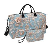 Vintage European Golden Rose Large Travel Bag Overnight Bag Gym Carry on Duffel Bags with Toiletry Bag for Workout 2 Pcs Set bolso de para Mujer Avion
