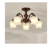 Vintage European Style Multi-Light Flush Mount Ceiling Light Rustic Bronze Carved Close to Ceiling Lamp with Flowers Glass Shades for Living Room Bedroom Dining Room(5 Light)/5 Light