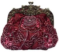 Vintage Evening Pearl Clutch for Women Bridal Wedding Purse Rhinestone Handbag Exquisite Handmade Floral Shoulder(Wine Red)