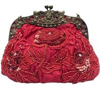 Vintage Evening Pearl Clutch for Women Bridal Wedding Purse Rhinestone Handbag Exquisite Handmade Floral Shoulder(Red)