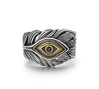 Vintage Eye Ring, Silver and Gold Two-Tone Feather Design, Adjustable Statement Ring with Black Crystal Detail