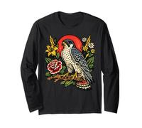 Vintage Falcon Raptor Bird Tattoo Style Birdwatching Design Long Sleeve T-Shirt
