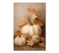 Vintage Fall Wall Art White Pumpkin Wall Decor Autumn Still Life Canvas Print Thanksgiving Rustic Farmhouse Fall Leaves Poster Neutral Harvest Painting for Kitchen Dining Room 12x16inch Unframed