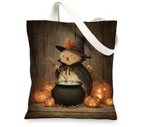 Vintage Fanciful Pumpkin Canvas Tote Bags, Cute Scarecrow Design Reusable Grocery Bags for Halloween Party, Lightweight Washable Shoulder Strap Canvas Bags 13x15 Inch