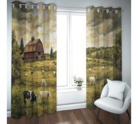 Vintage Farm Christmas Curtains Dairy Cattle Blackout Drapes Barn Green Hills Pattern Window Treatments Thermal Insulated for Bedroom 2 Panels (each W42xL84in)