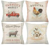 Vintage Farmhouse Animal Pillow Covers 18x18 Set of 4 Retro Farmer's Market Truck Rooster Sheep Feed Seed Premium Poultry Farm Home Décor Throw Pillow Case Cushion Cover (18" X 18")