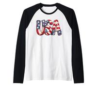 Vintage Farmhouse USA Patchwork Denim Rustic Flag Patriotic Raglan Baseball Tee