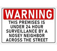 Vintage Fashion Chic Metal Tin Signs - Warning This Premises Under 24 Hour Surveillance By A Nosey Neighbor Sign - Wall Decor Plaque for Home Bar Outdoor Garage 8x12 Inches, yellow