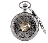 Vintage Fashion Gearwheel Hollow Manual Mechanical Pocket Watches Men Antique Chain Pendant Gentleman Pocket Clock Xmas Gift,Black A 30 cm Chain
