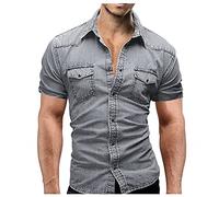 Vintage Fashion Mens Denim Shirt Short Sleeve - Washed Short-Sleeve Shirts Casual Outings Shirts Button Down Street Clothing Summer Shirt Slim Fit Everyday Wear for Work, The Pub Or A Hike Grey