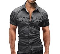 Vintage Fashion Mens Denim Shirt Short Sleeve - Washed Short-Sleeve Shirts Casual Outings Shirts Button Down Street Clothing Summer Shirt Slim Fit Everyday Wear for Work, The Pub Or A Hike Black