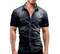 Vintage Fashion Mens Denim Shirt Short Sleeve - Washed Short-Sleeve Shirts Casual Outings Shirts Button Down Street Clothing Summer Shirt Slim Fit Everyday Wear for Work, The Pub Or A Hike Blue