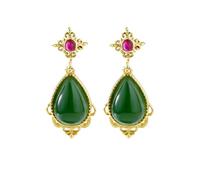Vintage Faux Jade Teardrop Dangel Drop Earrings for Women Gold Plated Pink Crystal Green Natural Stone Hanging Dangling Charm Statement Hypoallergenic Fasinon Wedding Party Jewelry