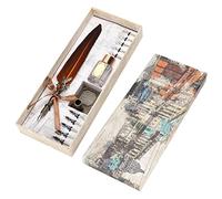 Vintage Feather Pen Set, Retro Writing Kit with Stainless Steel Nibs and Glass Ink Bottle, Complete Calligraphy Gift Box for Teachers Lovers Classmates (Brown)