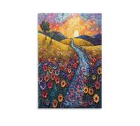 Vintage Field Canvas Wall Art, Abstract Country Road Sunset Flower Picture Painting on Canvas, Print Poster Decoration Artwork for Home Living Room Bedroom Wall Decor Unframe 16x24inch(40x60cm)
