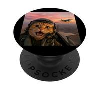 Vintage Fighter Pilot Cat Cool-Looking Aviation Selfie Art PopSockets Adhesive PopGrip