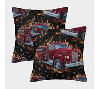 Vintage Fire Truck-flame Art Style Illustration Pillow Covers 2 Pack Cozy Pillowcases Art Cushion Case with Invisible Zipper Decor Sofa for Living Room Bedroom 45x45cm