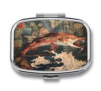 Vintage Fish Japan Pill Case Box with 2 Compartment Medicine Vitamin Organizer for Purse Pocket 5.5x4cm