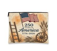 Vintage Flag Makeup Bag, Rustic 250 Years of America Cosmetic Travel Pouch for Women, Portable Canvas Zipper Organizer, Independence Day Toiletry Bag, Beige, 7x9 Inch, Flag