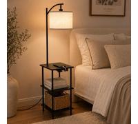 Vintage Floor Lamp with Shelves, Walnut Wooden Side End Table with Charging Station, Retro Standing Corner Lamp with 3-Tier Storage for Living Room, Bedroom, Office, Bulb Not Included WOVI FL04