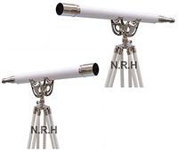 Vintage Floor Leather Telescope Marine Navy Telescope Single Barrel Tripod Floor Wooden Stand Chrome Finish