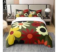 Vintage Floral 100% Cotton Duvet Cover Double for Kids,60S 70S Groovy Blossom Comforter Cover Grunge Room Decor for Teens Girls,Retro Hippie Flowers Bedding Set Green Quilt Cover with 2 Pillowcases