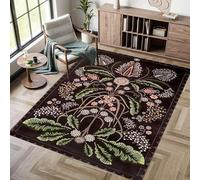 Vintage Floral Area Rug,80x150cm, Tropical Hawaiian Palm Leaf Green Leaf Print Rugs, Bohemian White Pink Small Flower Floor Mat, Soft Black Indoor Large Area Carpet for Living Room Bedroom Bedside