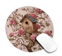 Vintage Floral Birdhouse Mouse Pad, Peach Rose Flower Design, Stitched Edge Non-Slip Mousepad for Home and Garden Office, Ideal Gift for Spring and Mother's Day Round 8x8 Inch