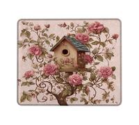 Vintage Floral Birdhouse Mouse Pad, Peach Rose Flower Design, Stitched Edge Non-Slip Mousepad for Home and Garden Office, Ideal Gift for Spring and Mother's Day Square 8x10 Inch