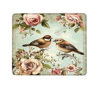 Vintage Floral Birds Mouse Pad, Soft Pastel Peach Roses Stitched Edge Mousepad, Rubber Non-Slip Washable Gaming Mouse Pad for Home and Office, Elegant Nature Design Square 8x10 Inch