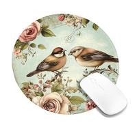 Vintage Floral Birds Mouse Pad, Soft Pastel Peach Roses Stitched Edge Mousepad, Rubber Non-Slip Washable Gaming Mouse Pad for Home and Office, Elegant Nature Design Round 8x8 Inch