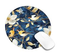 Vintage Floral Blue Gold Bird Mouse Pad, Stitched Edge, Non-Slip Washable Mouse Pad for Home and Office, Round, 8" x 8"
