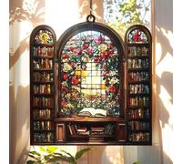 Vintage Floral Bookshelf Acrylic Suncatcher - Book Lover Gifts for Women, Hanging Ornaments for Windows Wall Decor, No Drill Home Decor with Metal Chain (15x15cm) (15 * 15 * 0.2CM, N0136)