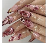 Vintage Floral Bows Almond Fake Nails Press On Nails With Easy Application For Women Parties And Creative Event Application Fake Nail