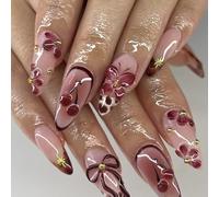 Vintage Floral Bows Almond Fake Nails with Easy Application for Women Parties and Creative Event Application Fake Nails