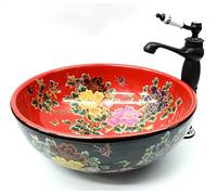 Vintage Floral Butterfly Painting Patterned Flower Leaf Round Bathroom Cloakroom Ceramic Counter Top Wash Hand Made Painted Kasbah Moroccan Mexican Basin Sink Washing Bowl 400 mm X 150 mm